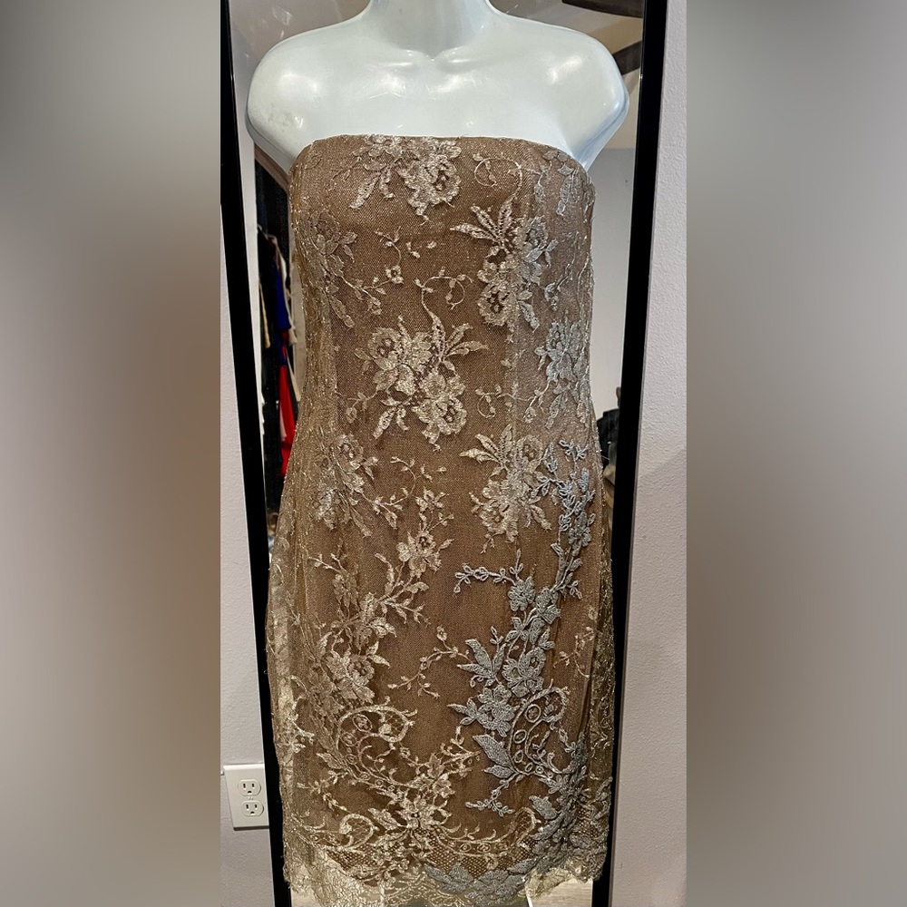 Carmen Marc Valvo Couture signature vitg bronze silver strapless